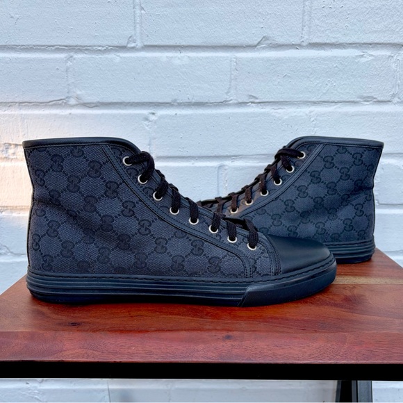 Gucci *AUTHENTICATED* GG High ‘Logo Print’ Black Canvas Sneakers, Men’s SZ 9 - Picture 4 of 16